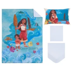 NoJo Disney Moana 2 Ocean Sisters 4 Piece Toddler Bed Set - Comforter, Fitted Bottom Sheet, Flat Top Sheet, Reversible Pillowcase, Aqua, And Orange