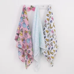 NoJo Disney Princesses Pink, Aqua, Lavender, Green, And White 3 Piece Muslin Swaddle Baby Blanket Set