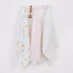 NoJo Disney Winnie The Pooh Yellow, Aqua, And White 3 Piece Muslin Swaddle Baby Blanket Set
