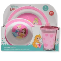 Disney Princess 3pc Kids Dinnerware Set – BPA-Free Melamine Plate, Bowl & Cup – Aurora, Belle & Cinderella – Durable Toddler Tableware Ages 3+