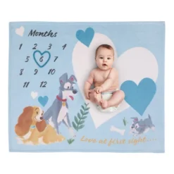 NoJo Disney Lady & The Tramp Blue, White, And Gold Love At First Sight Super Soft Photo Op Milestone Baby Blanket
