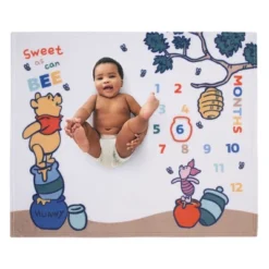 NoJo Disney Winnie The Pooh White, Blue, And Yellow Sweet As Can Bee Super Soft Photo Op Milestone Baby Blanket