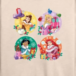 Women's - Disney - Princess Christmas Grid Lightweight French Terry Wide Neck Long Sleeve Graphic Shirt
