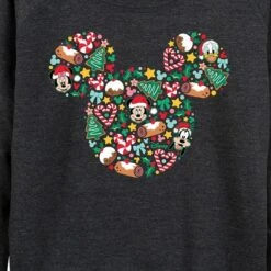 Women's - Disney - Mickey Mouse Christmas Ear Silhouette Lightweight French Terry Wide Neck Long Sleeve Graphic Shirt